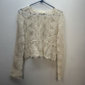 Rebellion Crochet Top S Cream Open Knit Boho Long Sleeve Festival Sheer Y2K